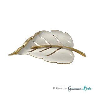 Vintage White Enameled Gold Tone Leaf Brooch